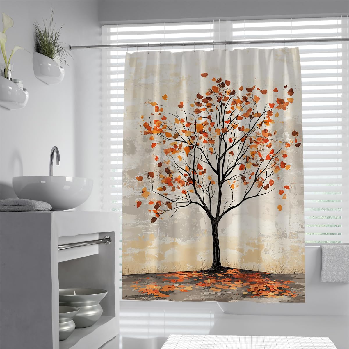 UERWOWELL Abstract Watercolor Fabric Shower Curtain Autumn Tree Orange Fallen Foliage Polyester Bathroom Curtain Minimalist Neutral Bathtub Decor W150xL200 cm