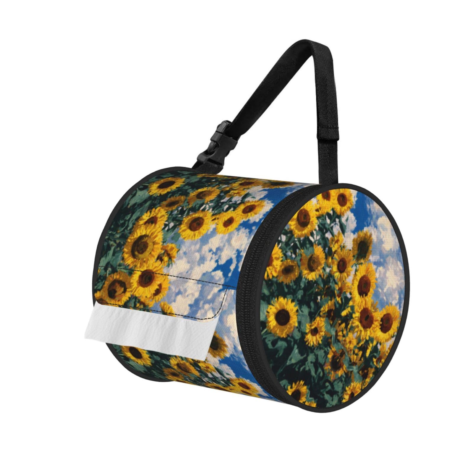 Sunflowers Printed Cylindrical Tissue Bag Portable Oxford Cloth, Foldable Travel Tissue Holder With Zipper And Adjustable Belt