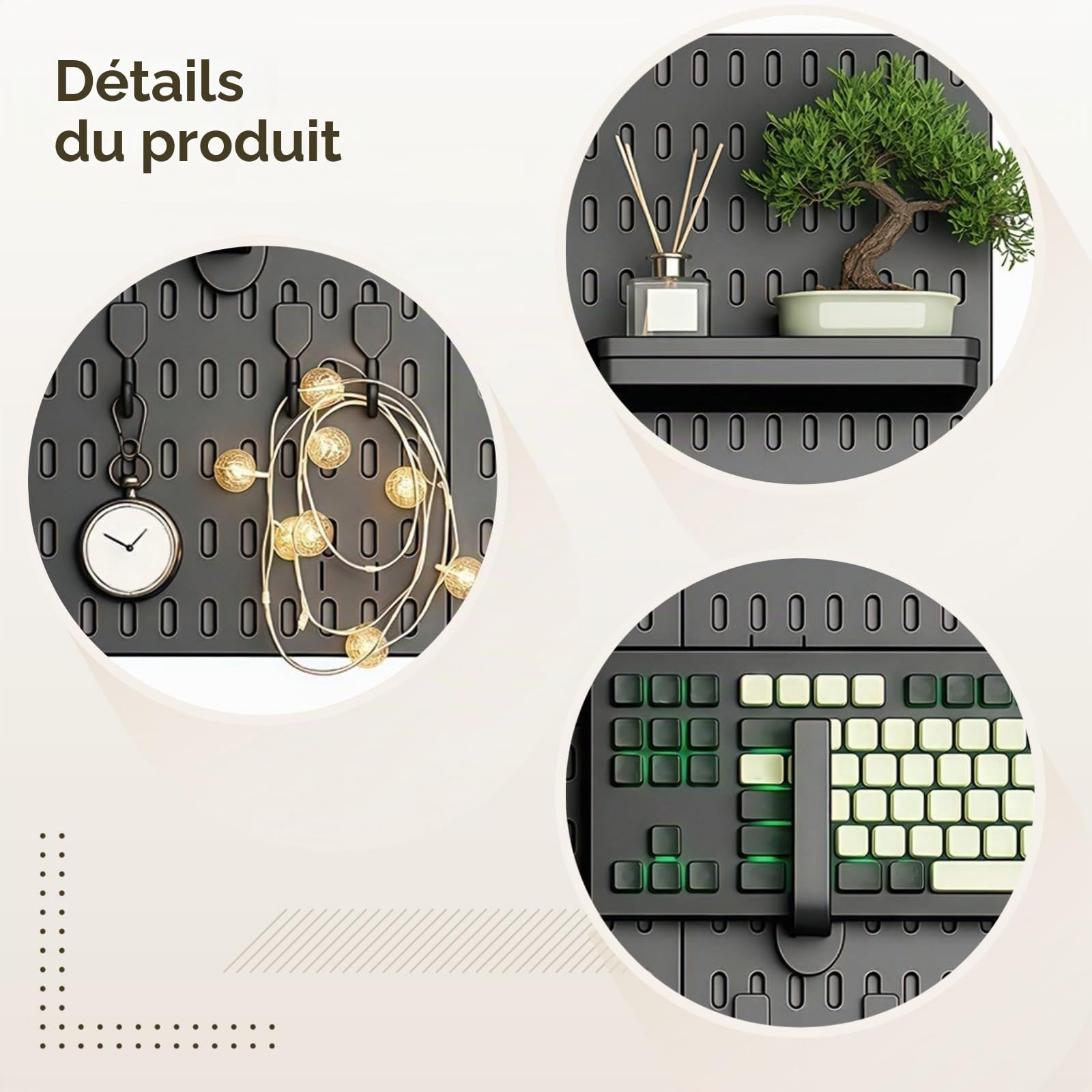 Lot de 4 tableaux perforés muraux peu encombrants avec 4 panneaux perforés, 14 crochets, 4 étagères pour le bureau à domicile