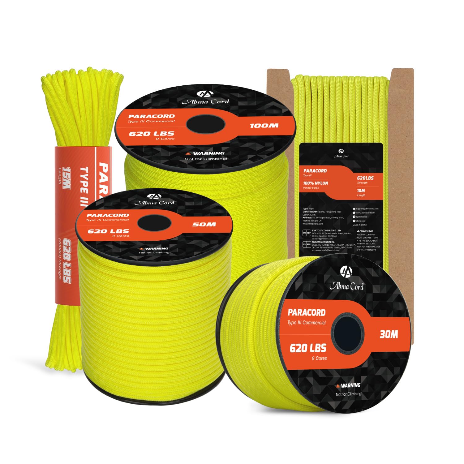 Abma Cord Paracord 4mm 10m 100% Nylon Rope 9 Strands Type III Parachute Cord for DIY, Camping, Survival, Outdoor - Max. 280kg - Neon Yellow