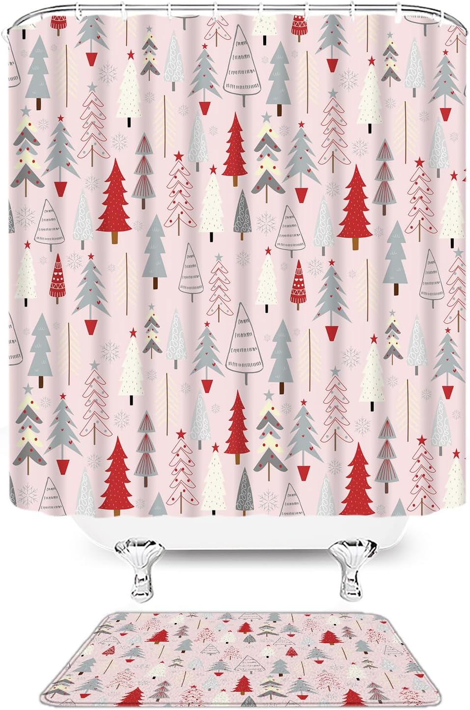 Christmas Tree Shower Curtain Red Gray Xmas Tree Snowflake Winter Holiday Happy New Year Fabric Bathroom Curtain Set with Hooks(74.8" Wx70 H)