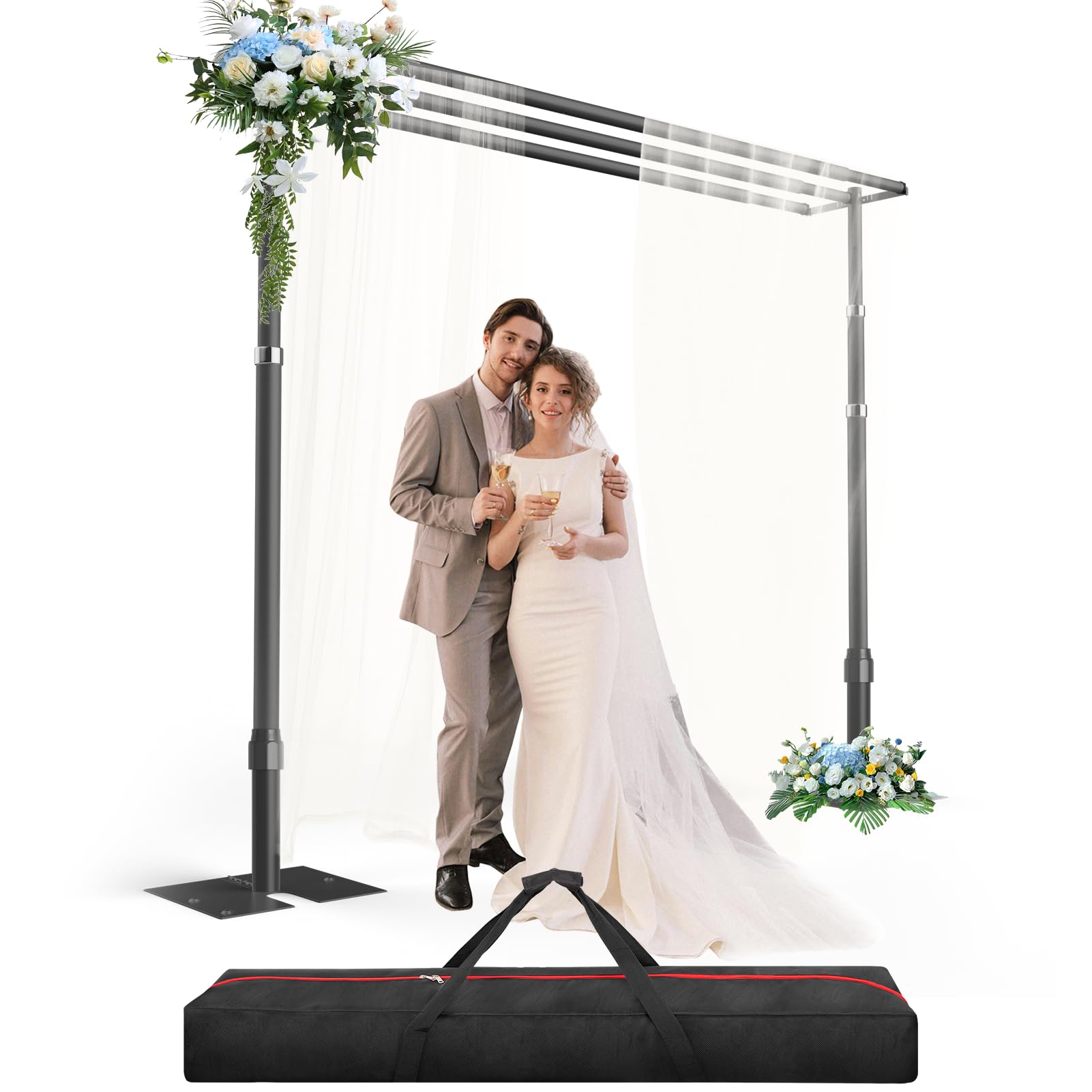 GLOSHOOTING Heavy Duty Backdrop Stand 10x10ft, Three Crossbar Pipe and Drape Backdrop Stand Kit, Adjustable Metal Frame, Background Stand for Wedding