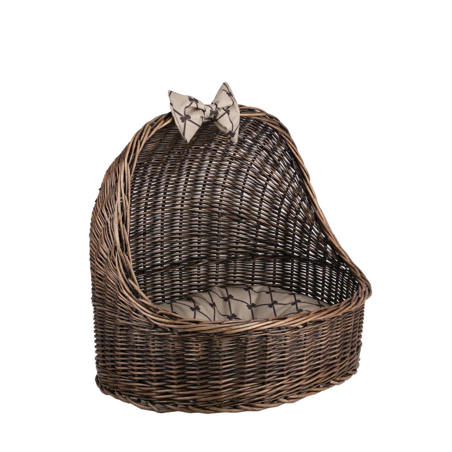 Panier ovale en osier blanc e-Wicker 24 avec son coussin beige imprimé d'os