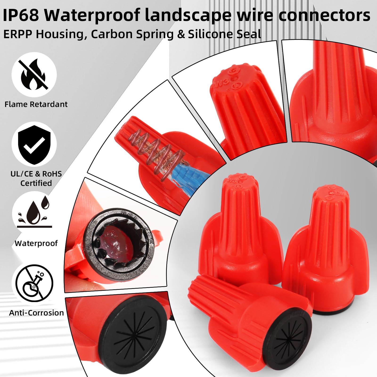 Lenporl IP68 wodoszczelne złącza W3 do przewodów elektrycznych wypełnionych silikonem ze sprężyną, certyfikat UL/CE/RoHS do 18-10 AWG, idealne do oświetlenia zewnętrznego, nawadniania