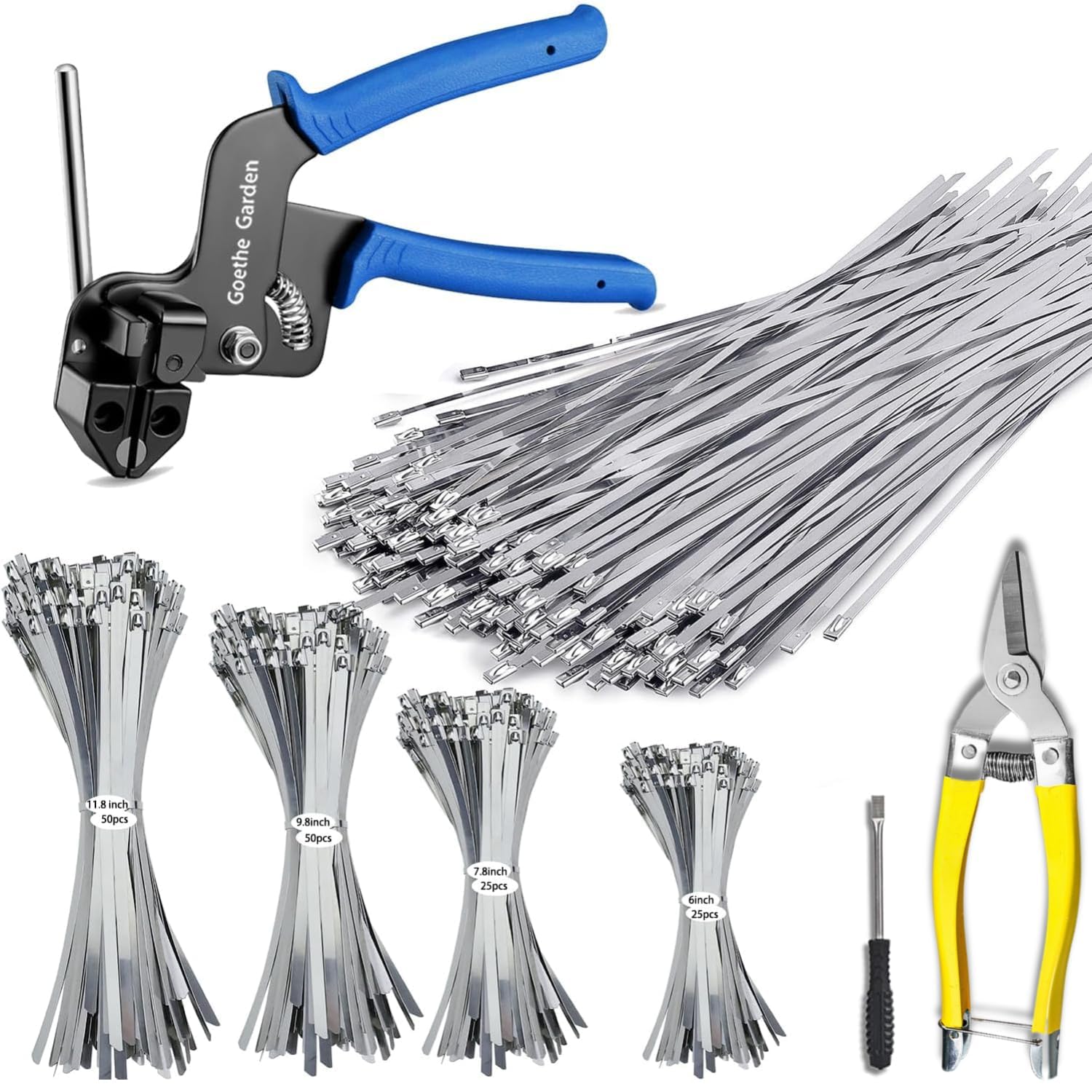 Goethe Garden Stainless Steel Cable Tie Gun Set, with 150PCS Metal Zip Ties (Includ 6, 7.8, 9.8, 11.8 Inch), Adjustable Fastening Cutting Tie Tool Sets for Fencing, Exhaust Pipes, Automotive