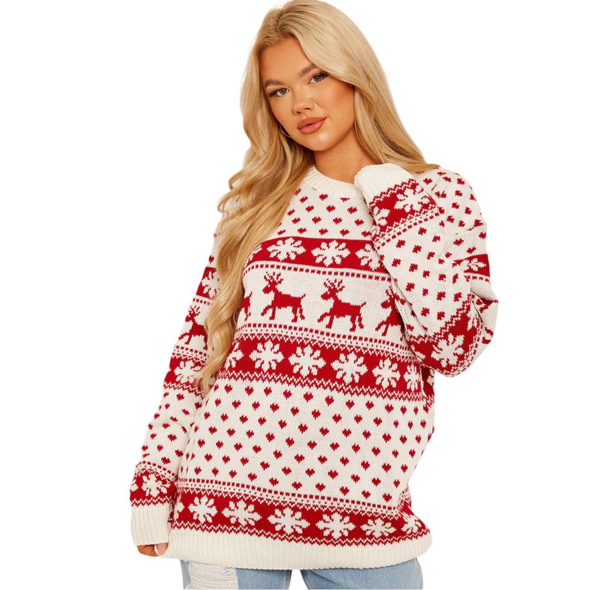 Hamishkane Women's Cream Hamishkane® Christmas Jumpers - Xmas Knitted Reindeer Snowflake Print Xmas Jumper Uk, Funny Crew Neck Tunic Christmas Tops, Novelty Pullover Sweater, Ugly Christmas Jumpers For