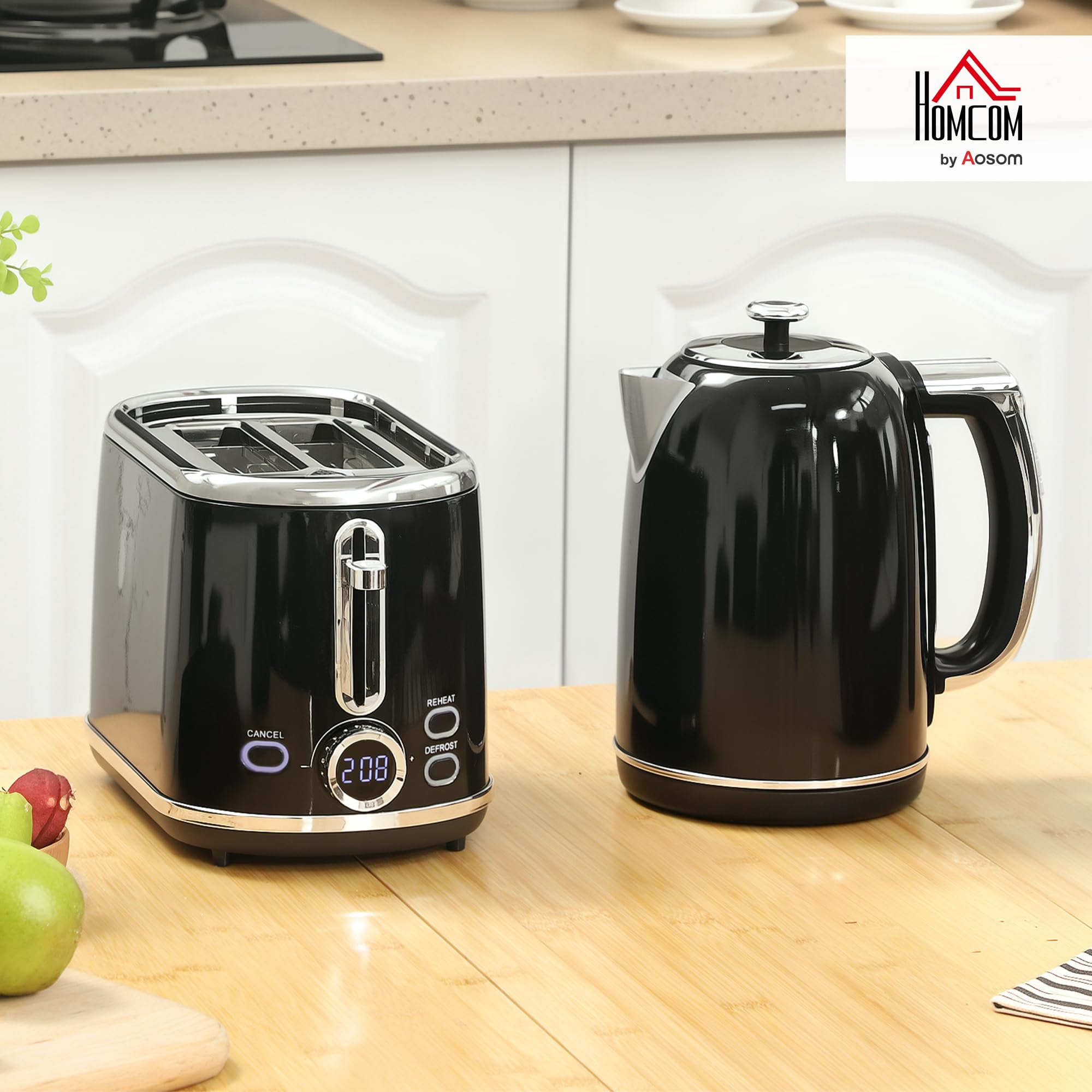 HOMCOM Wasserkocher Toaster Set 1,7L 2200W Edelstahl 2 Scheiben 6 Bräunungsstufen LED Schwarz