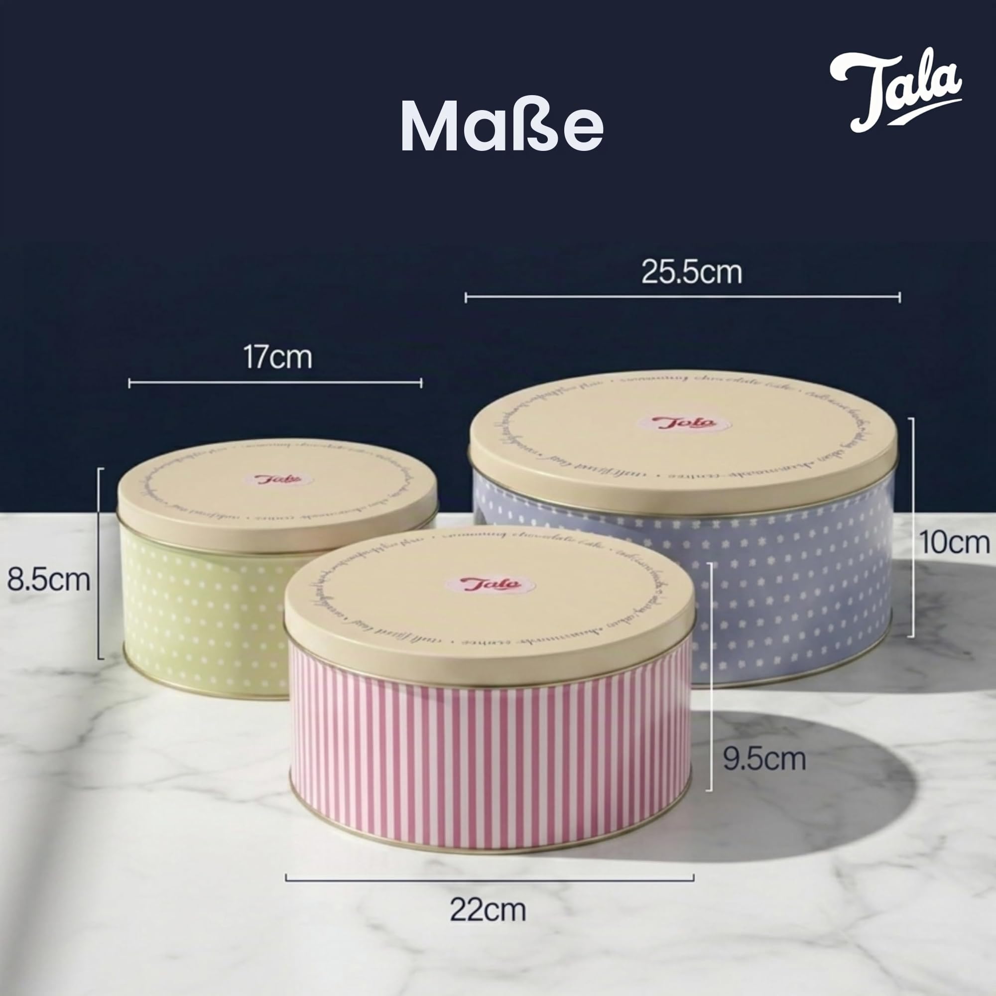 Tala 3er Set Retro-Design Metall Kuchenbehälter | Stapelbar | Für Kuchen, Kekse & Snacks | Größen: 25,5 cm x 10 cm, 22 cm x 9,5 cm, 17 cm x 8,2 cm