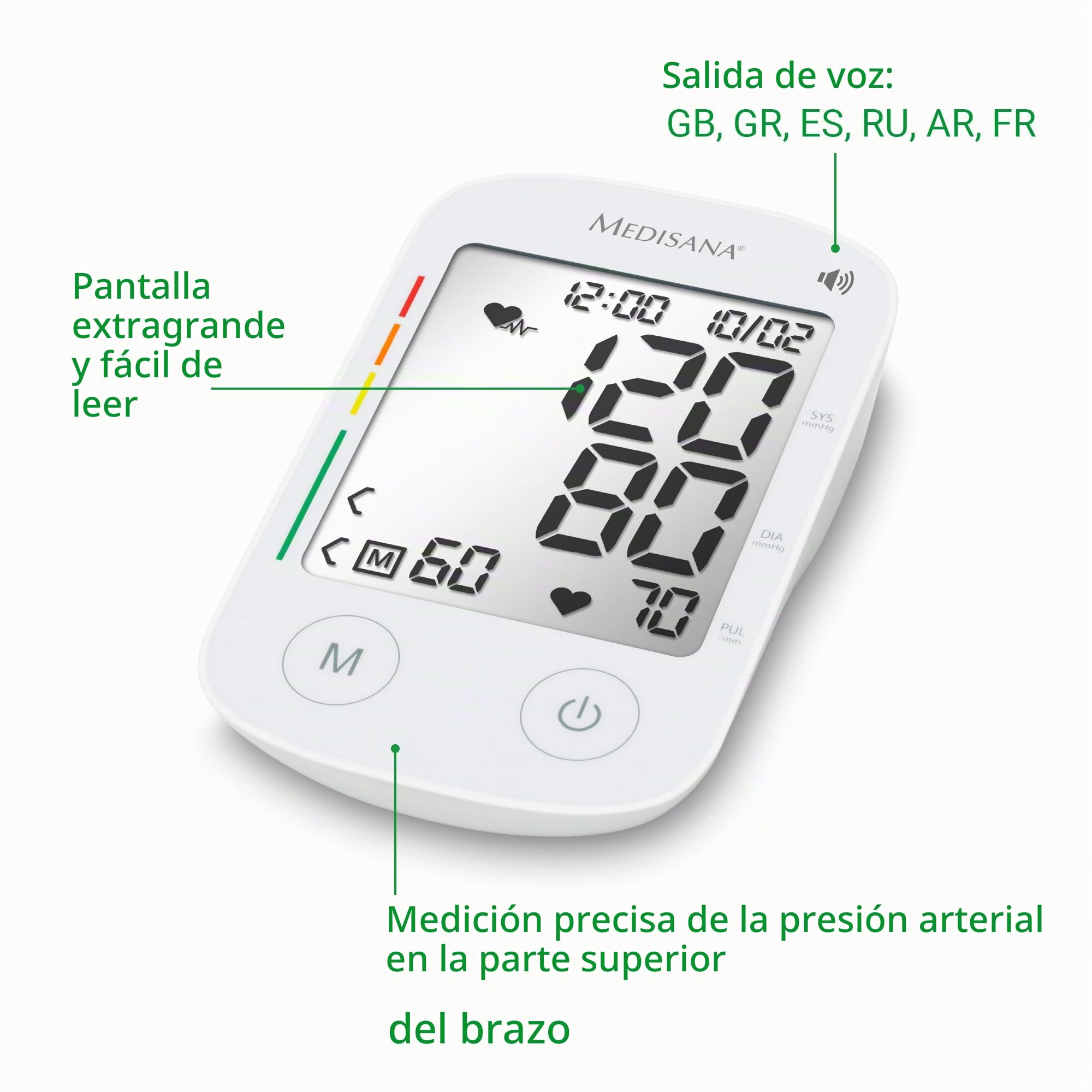 medisana BU 535 Tensiómetro de brazo, medición precisa de la presión arterial y el pulso con función memoria y salida de voz, escala semafórica, función indicación de latidos irregulares
