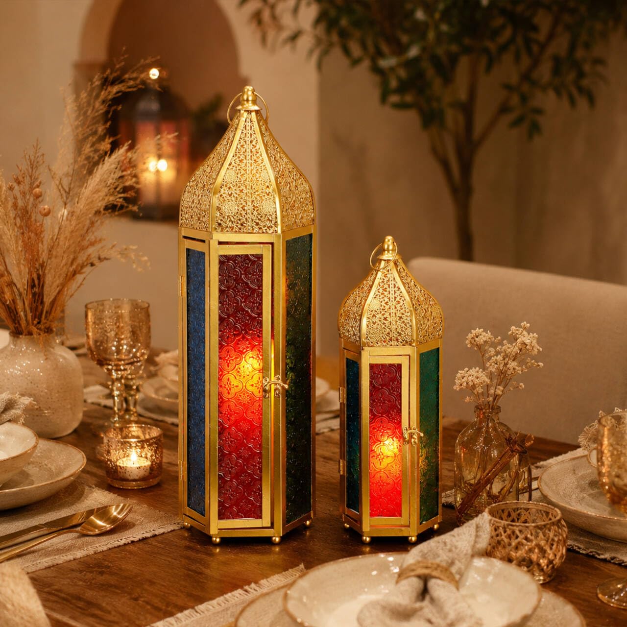 TRIROCKS Set of 2 Decorative Ramadan Candle Lantern Metal Oriental Candle Holder Arabian Hanging Tealight Moroccan Lanterns with Tempered Glass for Home Decor Indoor Outdoor Party Event