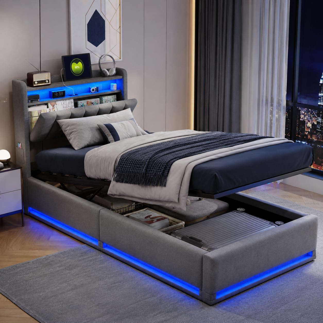 Single Bed Frame with Hydraulic Storage, 3FT Upholstered Ottoman Lift Up Storage Bed with Charging Station USB, LED, Solid Wood Slats, Grey Plush Fabric