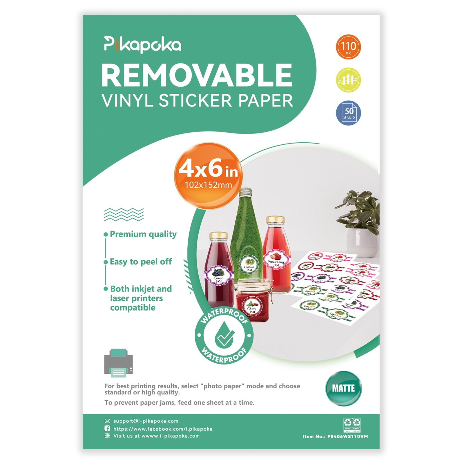 4x6 Removable Self-adhesive Vinyl Sticker Paper, Waterproof, 4R Size, Suitable for Laser and Inkjet Printer, Matte White, 50 Pack