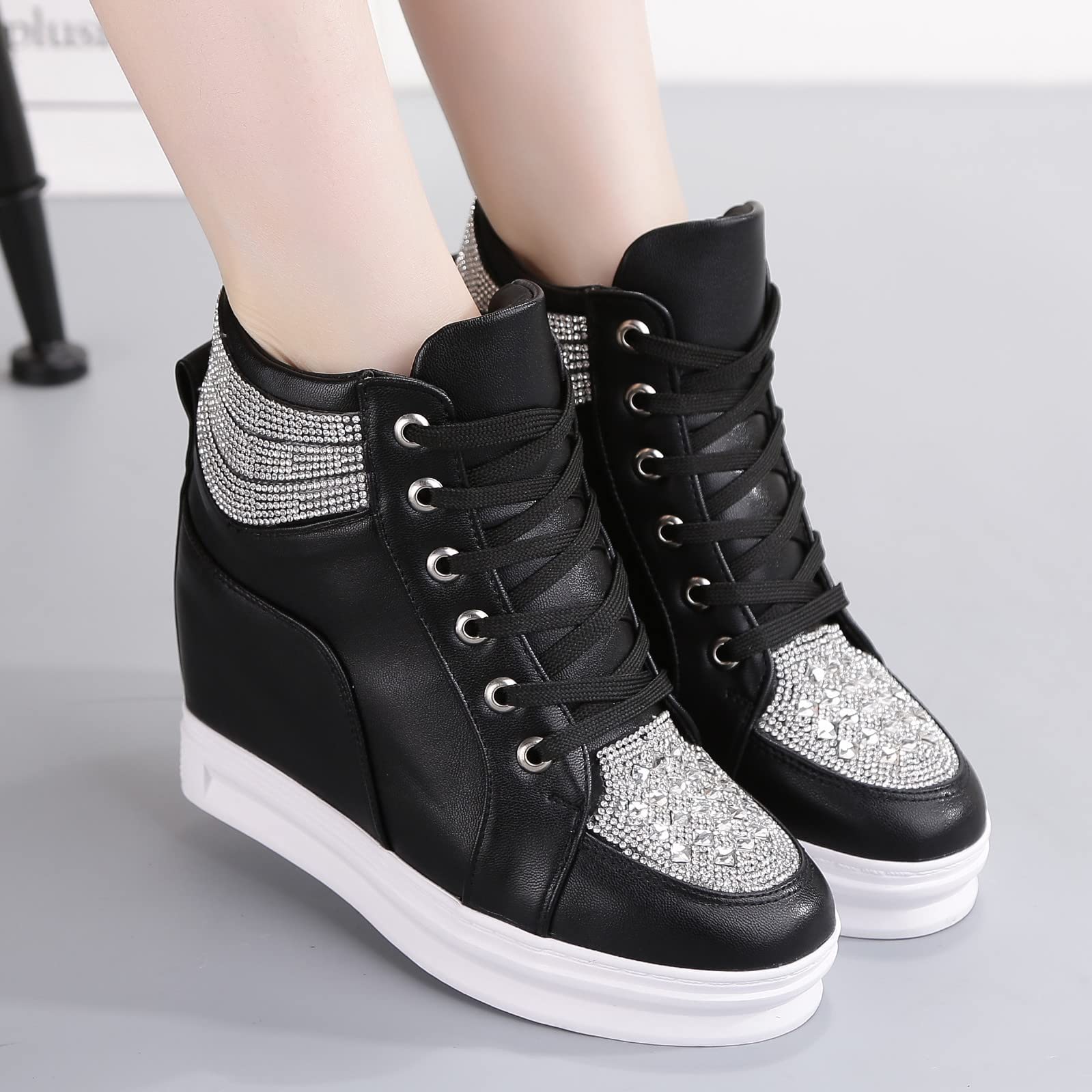 rismart Plataforma Botines Mujer Brillantina High-Top Moda Cuñas Zapatillas con Cordones