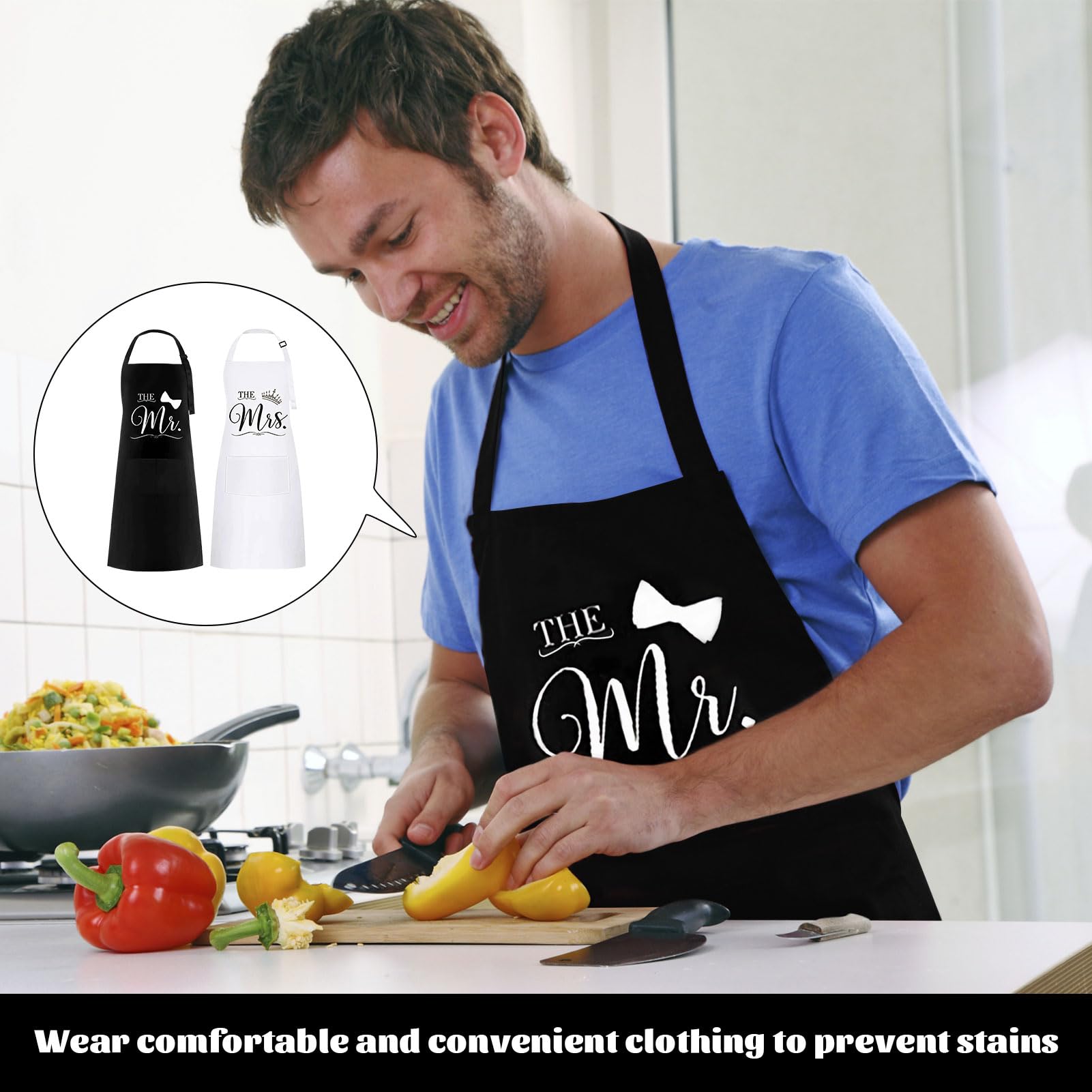 halit Couple Aprons, 2 Pcs Mr and Mrs Aprons, Black and White Personalised Apron with Pockets - Image 4