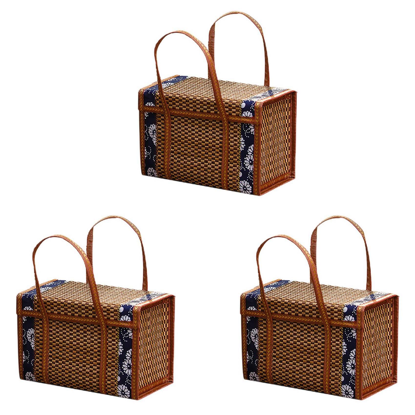 Vjsujehgy 3X Picnic Woven Basket Wicker Storage Bag Handle Folded Fruit Shopping Food Handle Rattan Grass Foldable Bamboo Basket B