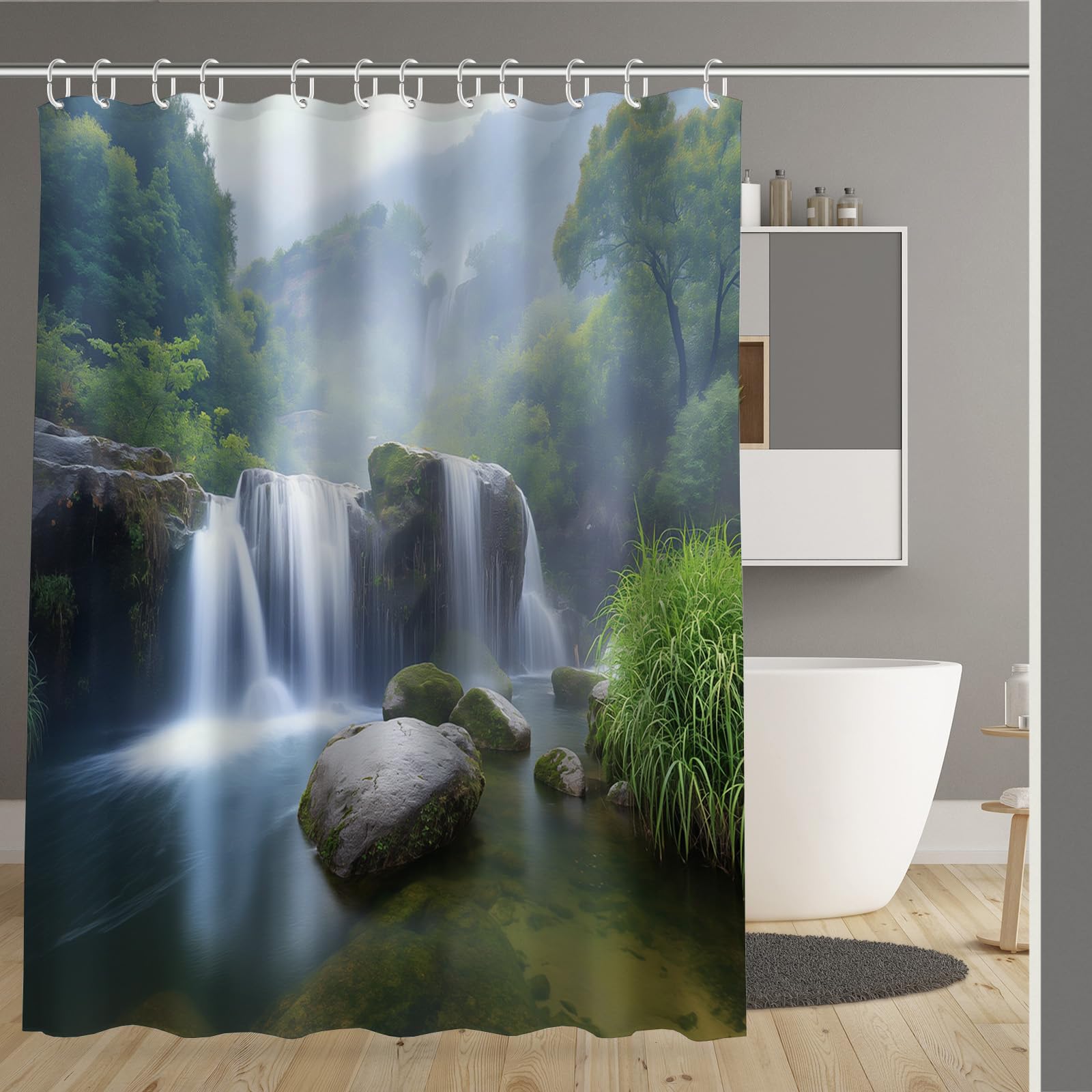 Rideau de douche lesté et imperméable 180x180 au motif paysage de cascade naturelle