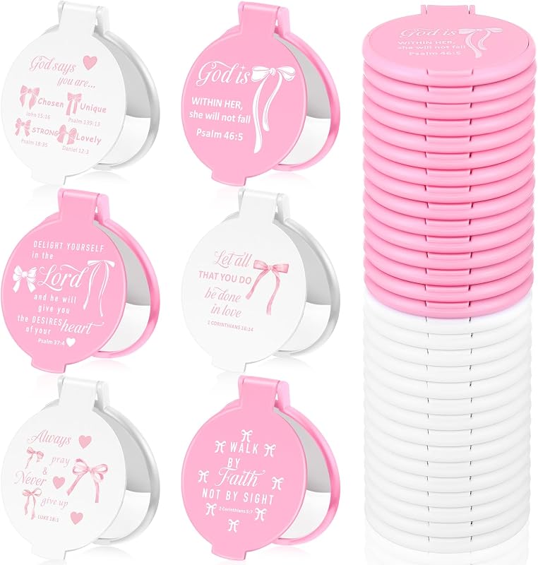 Namalu Espelhos compactos redondos com laço rosa e versículos bíblicos, Pacote com 36