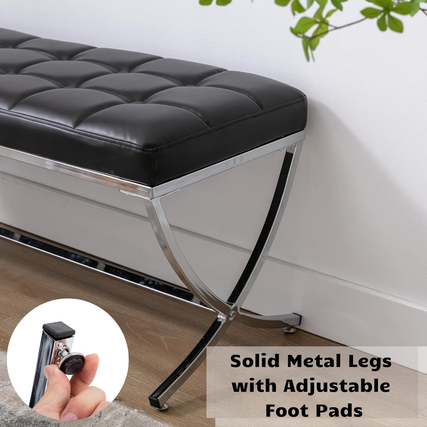 HEAH-YO Modern Dining Bench for Table, Button Tufted Ottoman Bench with Metal Legs, Upholstered PU Faux Leather Footstool for Living Room Entryway, Black