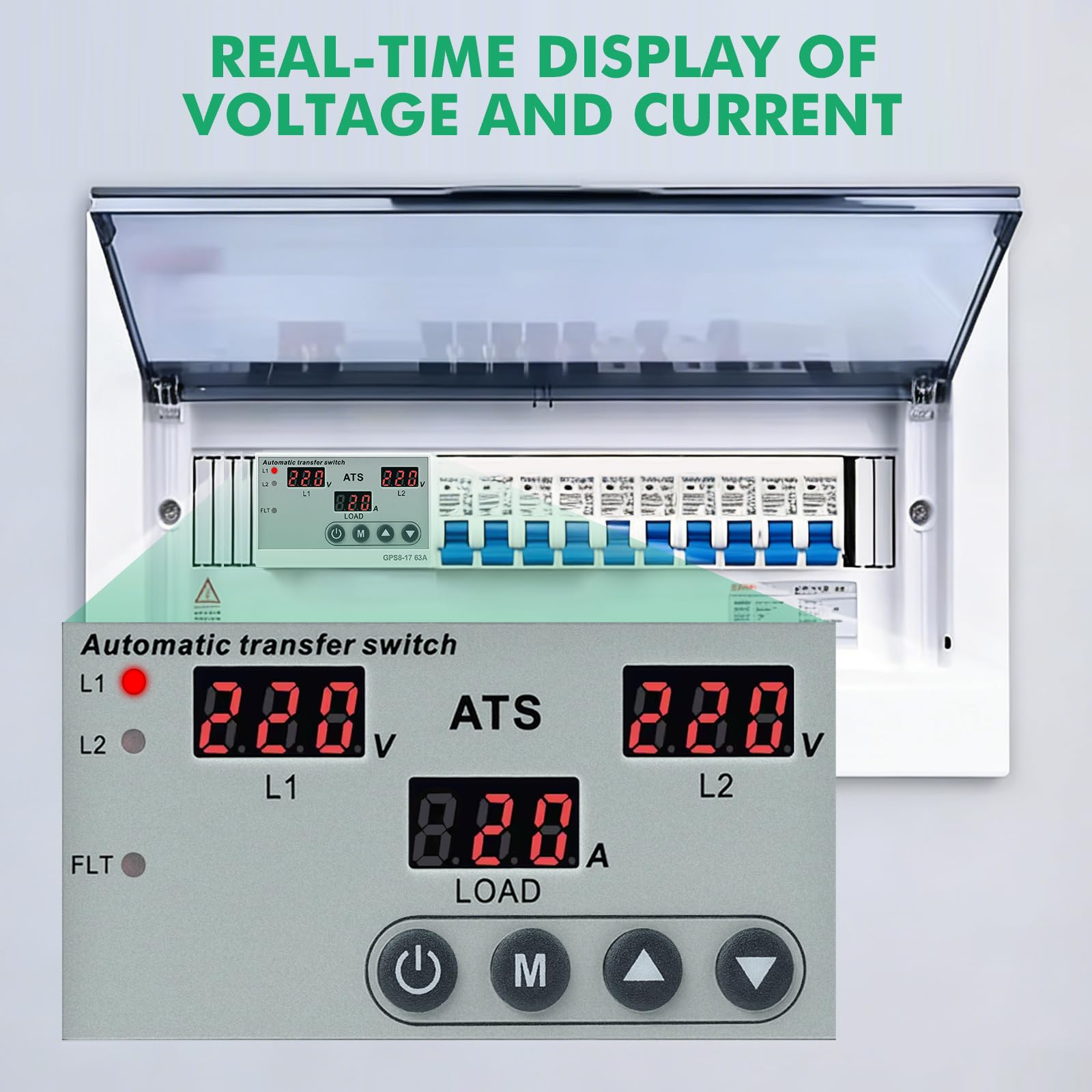 Notstrom Umschalter 63A Einphasig AC220V DIN Rail LED-Display Überspannung Unterspannungsschutz GPS8-17