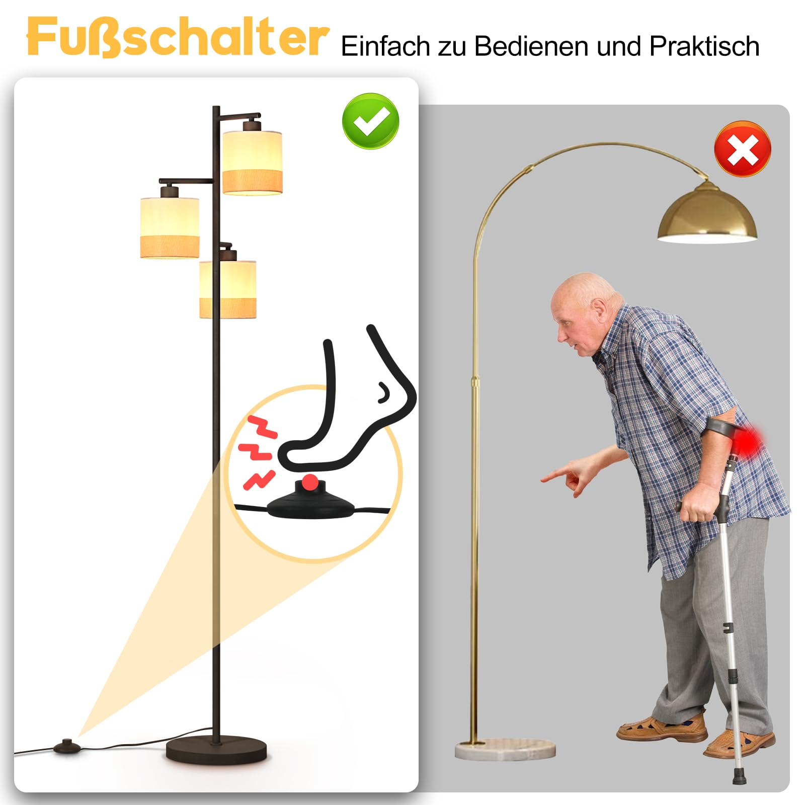 CBJKTX Stehlampe Wohnzimmer Stehleuchte Vintage - Stoff Standlampe 3 Flammig Standleuchte Schwarz Retro Leselampe E27 Rustikal Bodenlampe mit Fußschalter für Schlafzimmer Büro (ohne Leuchtmittel) | Flammig Standleuchte Schwarz Retro Leselampe E27 Rustikal