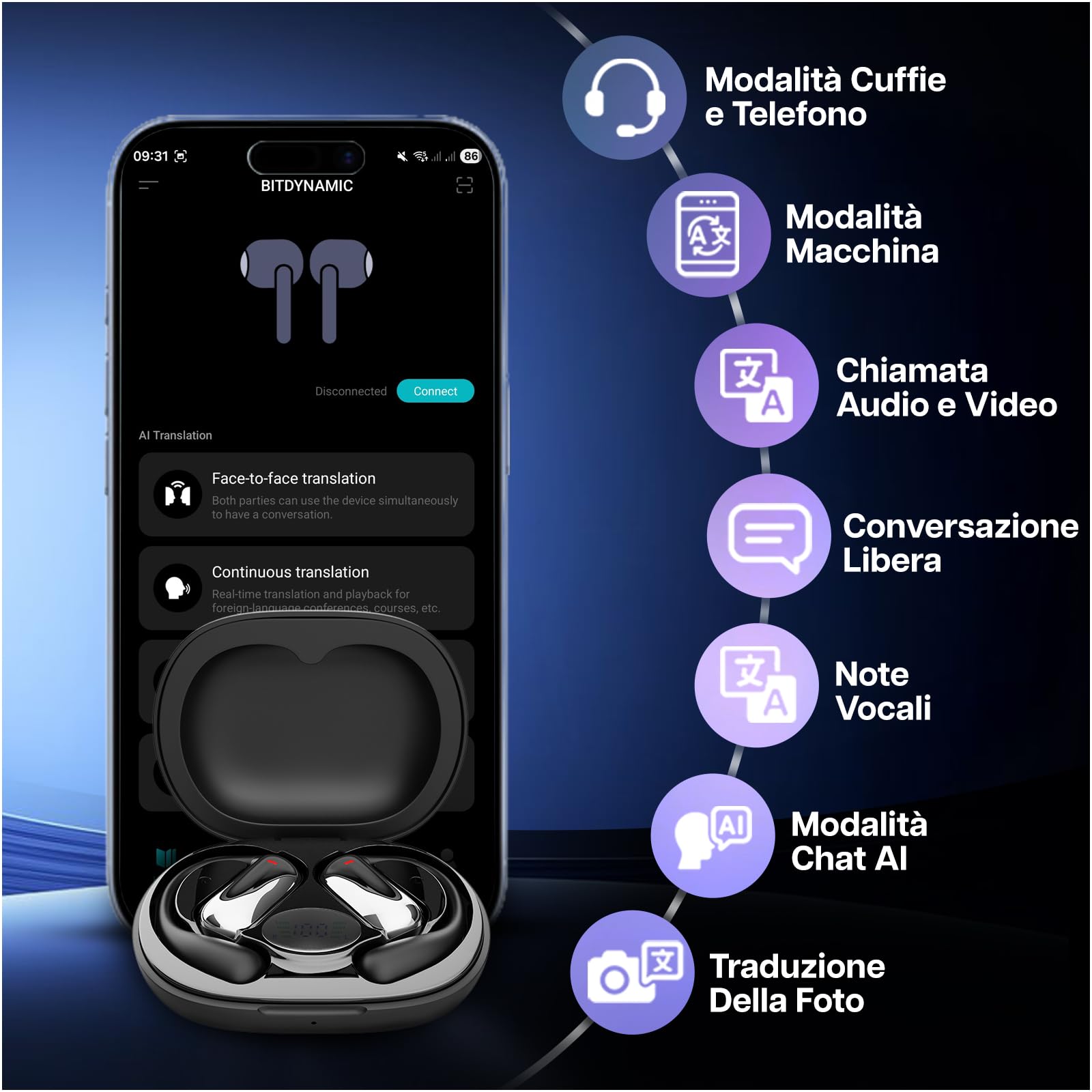 MMOBIEL Auricolari AI Traduzione in Tempo Reale Traduttore Bluetooth con 148 Lingue & App - Auricolari Open-Ear – 90 ore Standby, 400 mAh – Musica, Chiamate, Traduzione, Viaggi, Business, Studio
