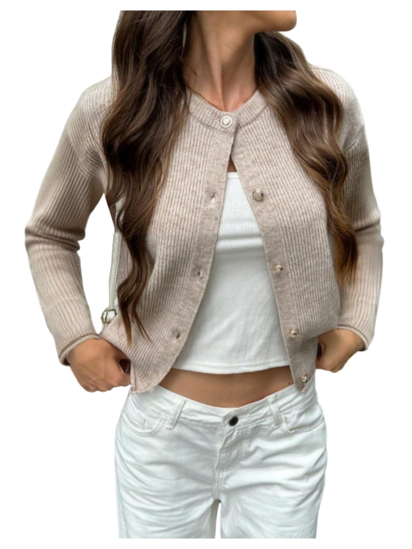 SHENHE Womens Crew Neck Ribbed Knit Cardigan Button Down Long Sleeve Soft Sweater