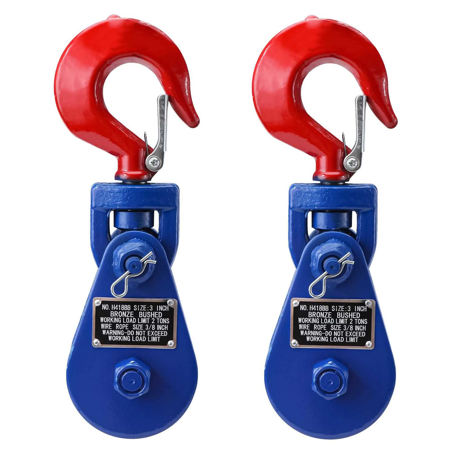 BOOMSTART Lot de 2 poulies de 2 tonnes avec crochet pivotant, poulies lourdes avec crochet de sécurité pour câble métallique, treuil, manille, corde de 9 mm, en acier