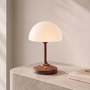 Dawnwake Table Lamp Cordless Mushroom Lamp, Bedside Lamps Small Lamp for Bedroom Living Room, 5000mAh Rechargeable Lamp Touch Desk Lamp, Walnut Wood Grain Finish