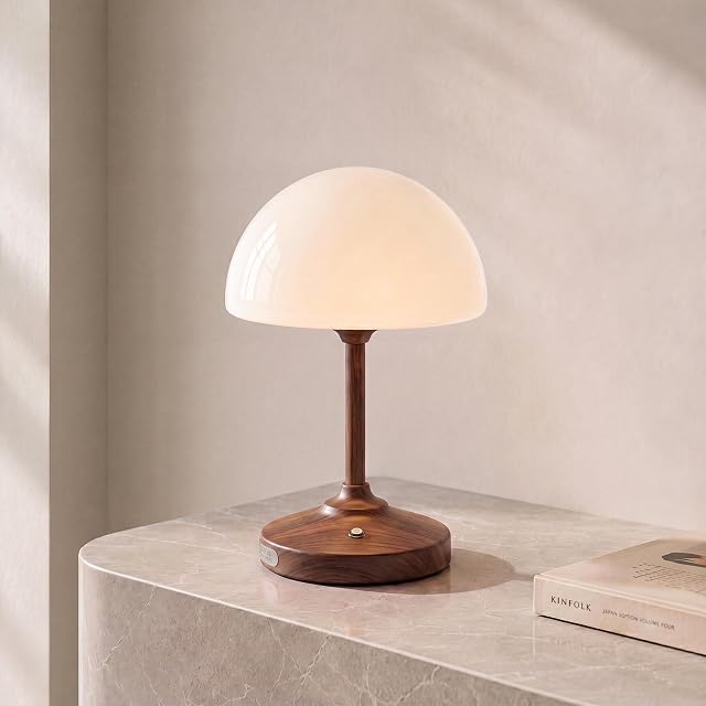 Dawnwake Lampe de table sans fil lampe de champignon, lampes de chevet petite lampe pour chambre à coucher salon, 5000mAh Lampe de bureau tactile rechargeable, finition grain de bois de noyer