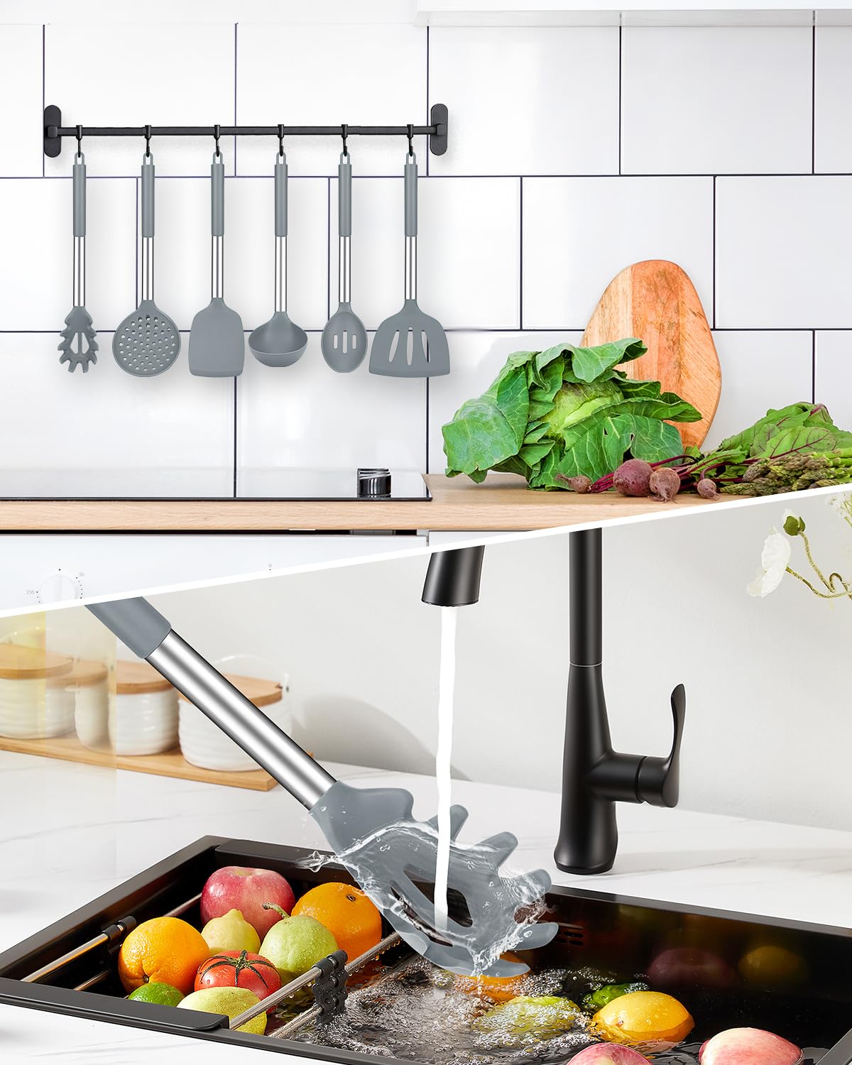 Set di 8 utensili da cucina in silicone, antiaderenti, con manico in acciaio inossidabile, senza BPA, resistenti al calore, con spatole, tornitori, cucchiai, schiumarola e forchetta per pasta (grigio)