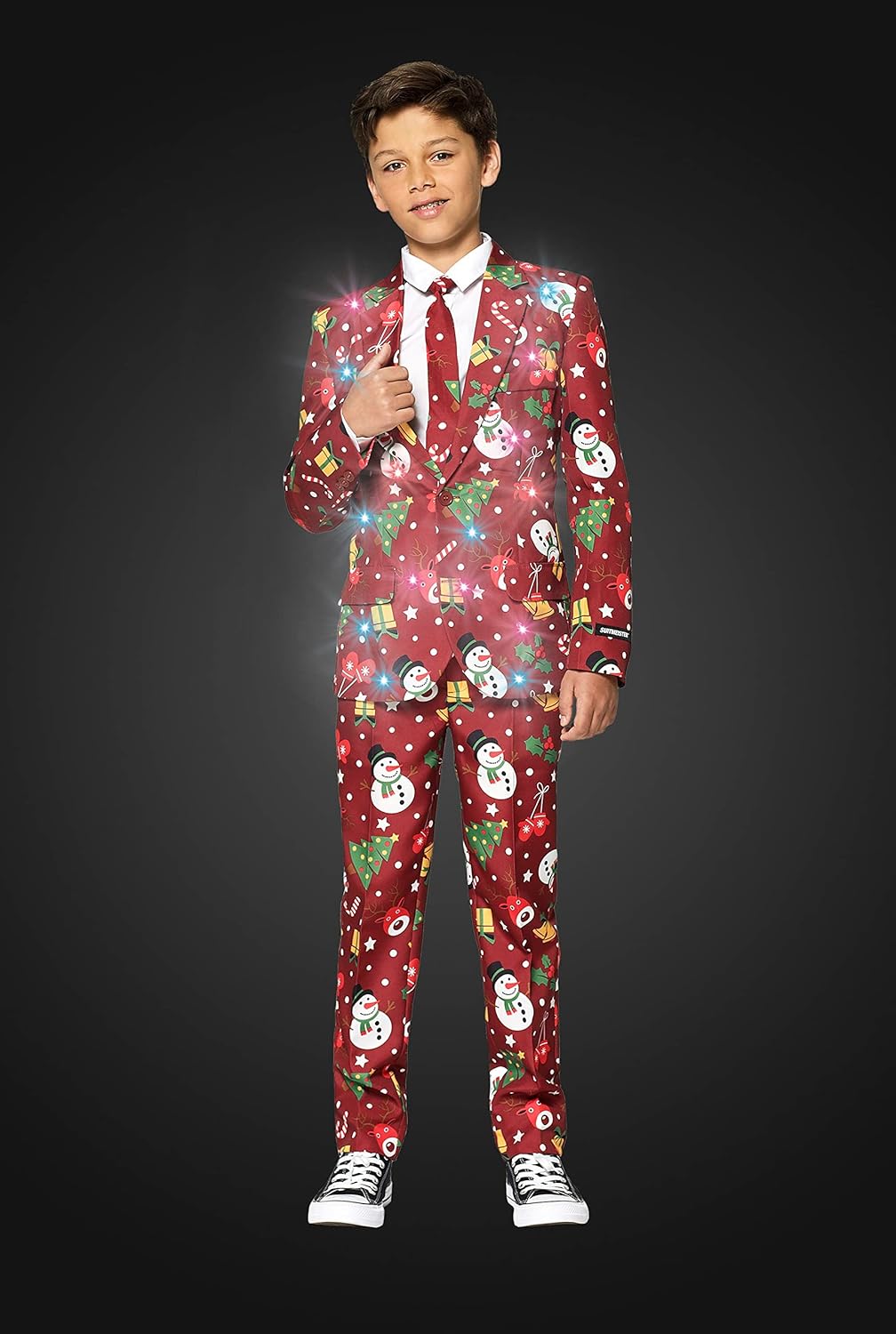 Suitmeister Boys Christmas Suit - Fun Ugly X-Mas Clothes with Real Lights- Red Light Up Blazer - Includes Blazer, Pants - Tie