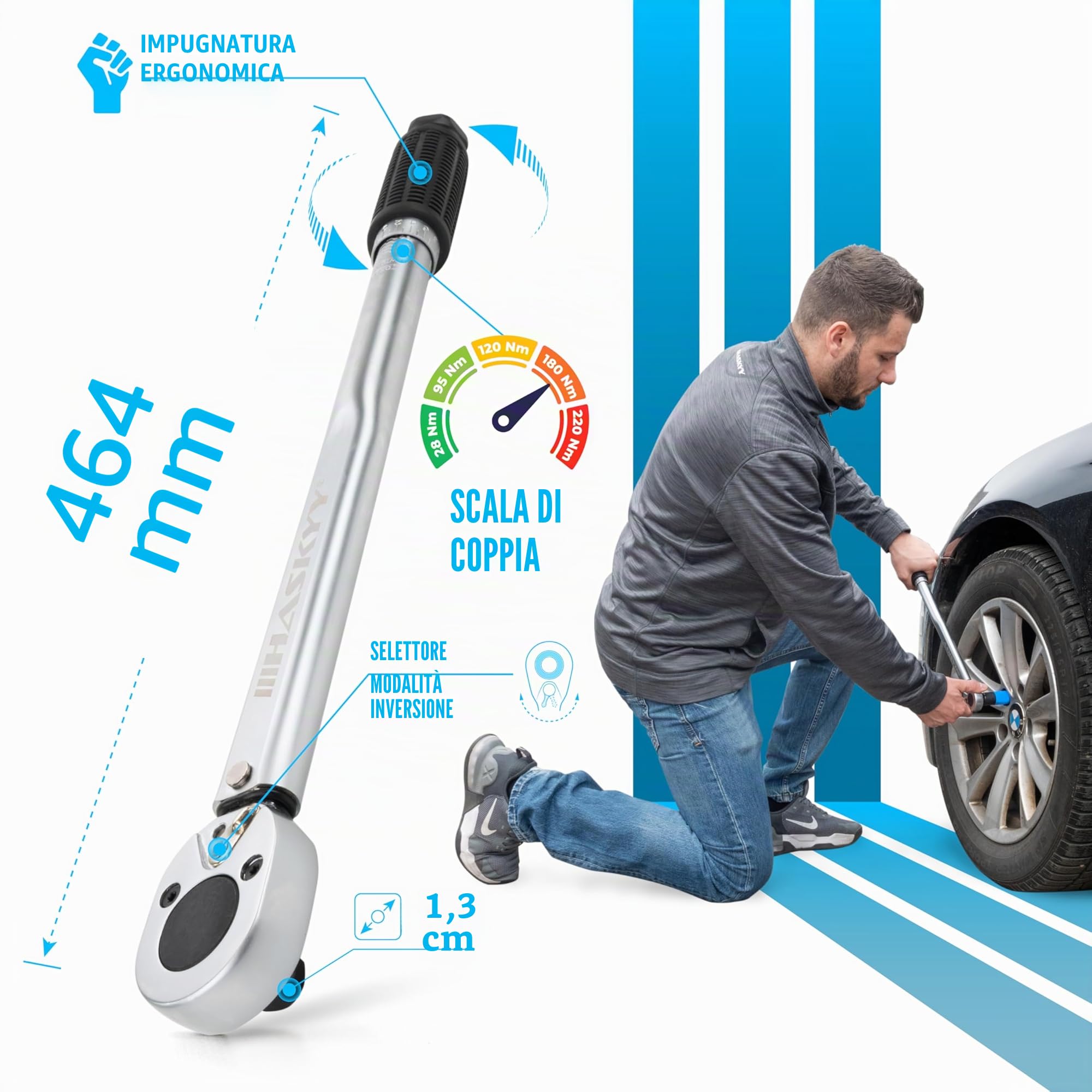 HASKYY Set chiave dinamometrica 1/2" I 28-210 Nm I I bussole a impatto 17 19 21mm | chiave a scatto con attacco a destra con doppia scala | lega acciaio CV cromato