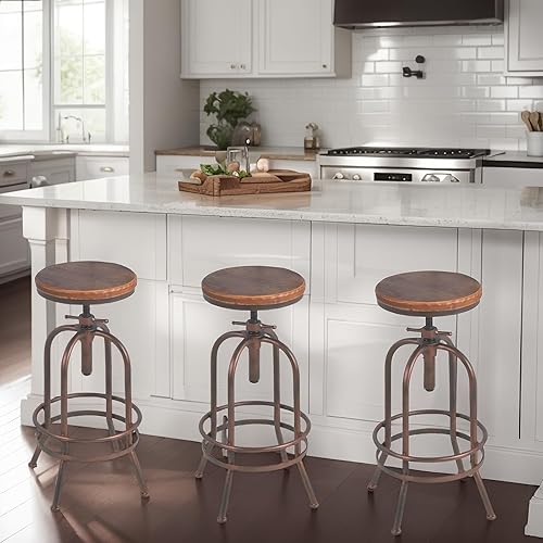 Miniatura 6 de Juego de 2 taburetes de bar industriales, taburetes giratorios retro de 26 a 32.3 pulgadas, silla de cocina extra alta, altura de mostrador de barra