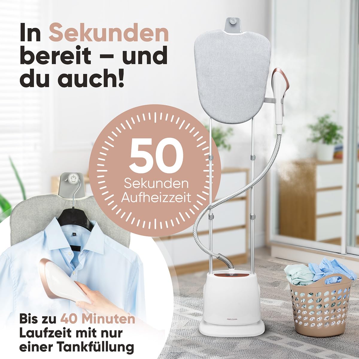 Proficare, Parowiec PC-TDC3128 Biały, 1580 W, 1,5 l, autonomia 40 min, 5 poziomów pary, drążek teleskopowy z możliwością regulacji do 1,60 m, funkcja pary w pionie i poziomie