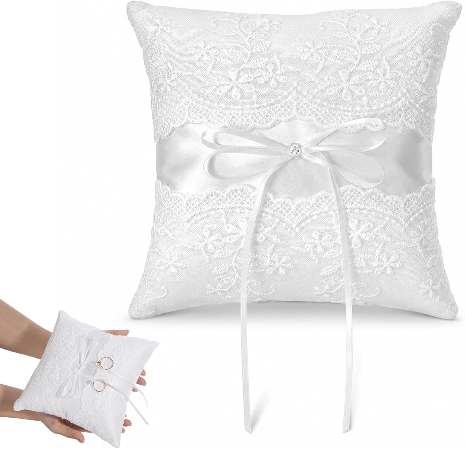 Wedding Ring Bearer Pillow, Weddings Ring Pillow with Lace Pearl, 7.48x7.1 Inch Ivory Rings Pillows for Weddings Ceremony, Polyester Fabric for Rings Bearer, Wedding Party and Anniversary