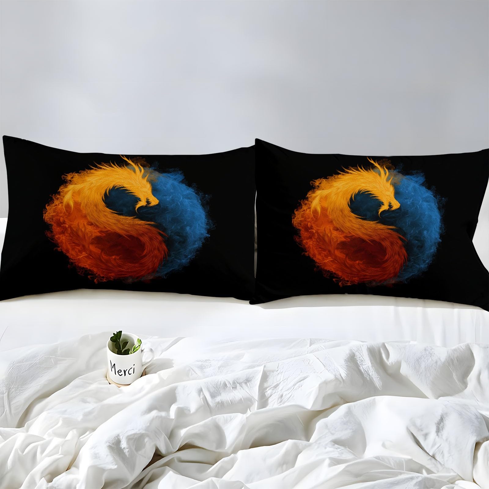 3-częściowy zestaw pościeli na pojedyncze łóżko – proste prześcieradło z gumką Yin Yang, bardzo głębokie, 30 cm, miękkie prześcieradło z mikrofibry, odporne na zagniecenia, z 2 poszewkami na poduszki