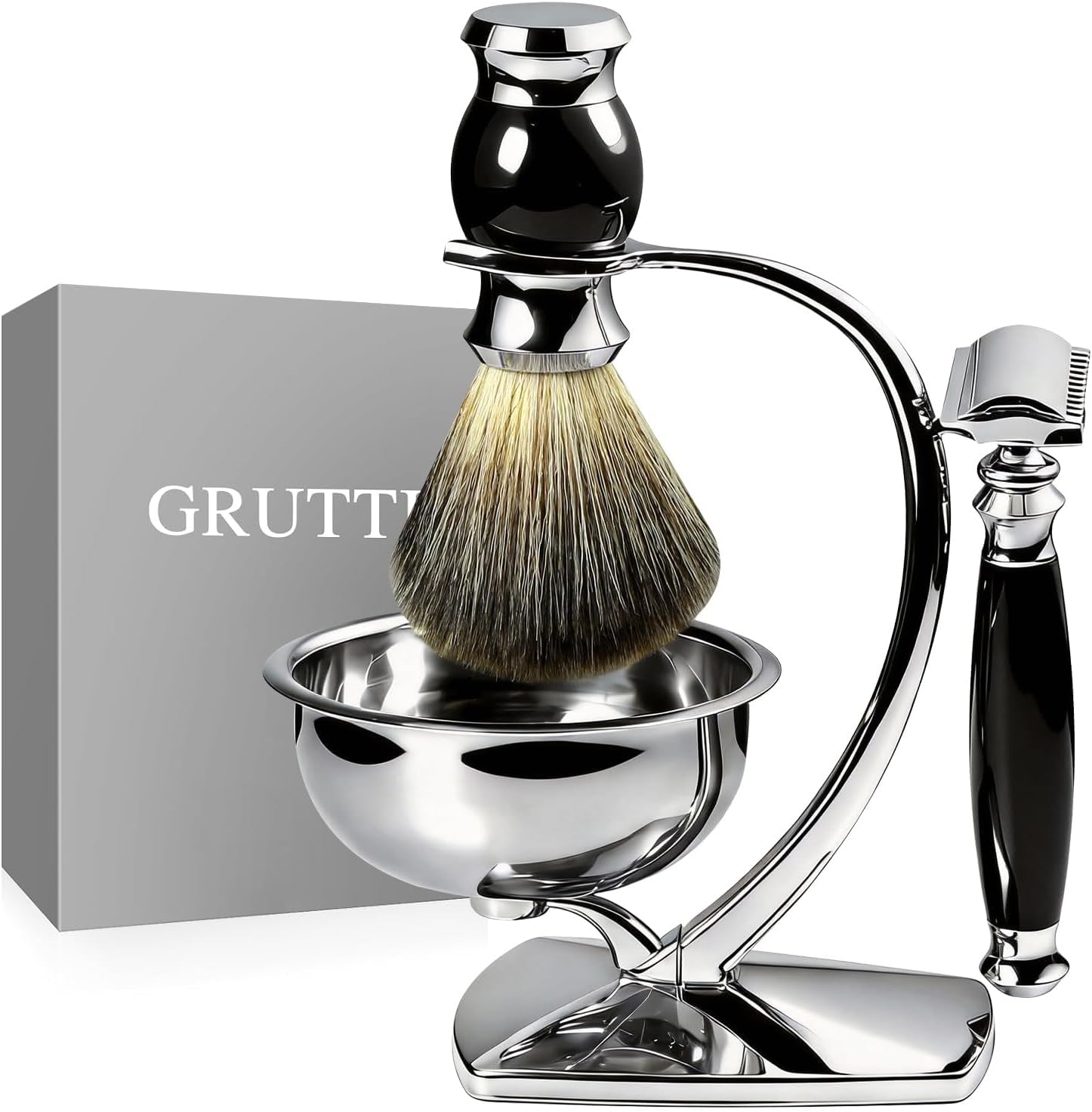 GRUTTI Premium Shaving Kit for Men, 4 in 1 Shaving Set Includes shaving Stand & Soap Bowl &Brush, Double Edge Safety Razor for Men, Safety, Eco-Friendly