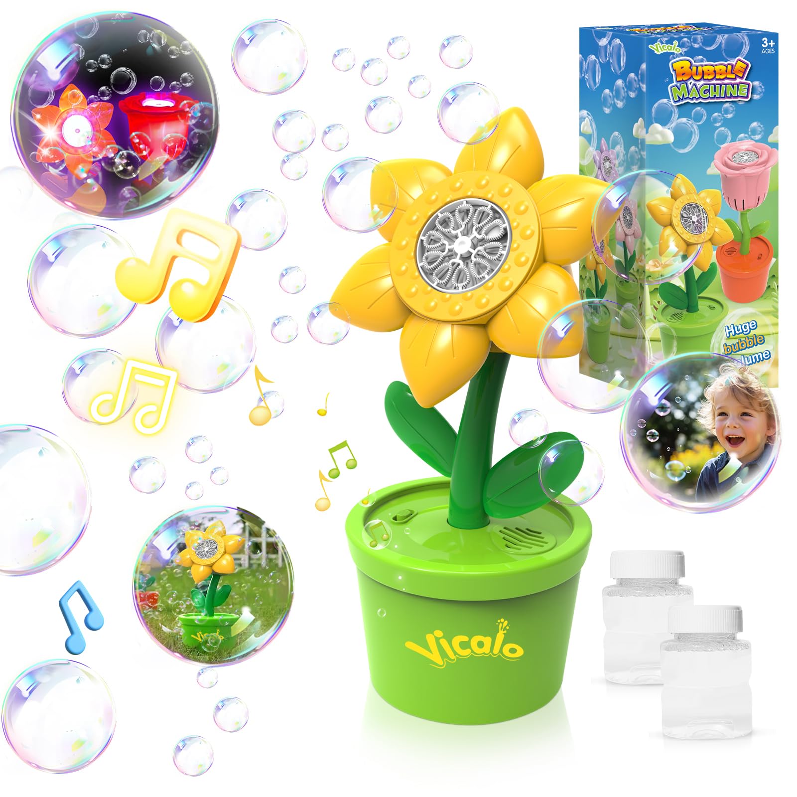Vicalo Sunflower Bubble Machine, Automatic Bubble Maker with Lights and Music, Kids' Party Bubble Machine, Yellow, Floral Design