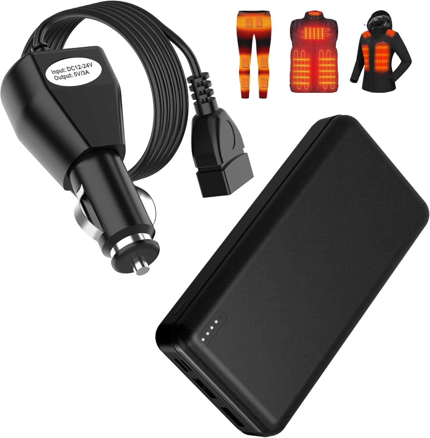 5V 2A 20000mah Heated Vest Heated Jacket Battery Pack Power Bank Rechargeable Battery for for Heated Vests Heated Jackets Wire Connection Cables Cigarette Lighter Plug with 12-24 Volt Male Cigar Plug