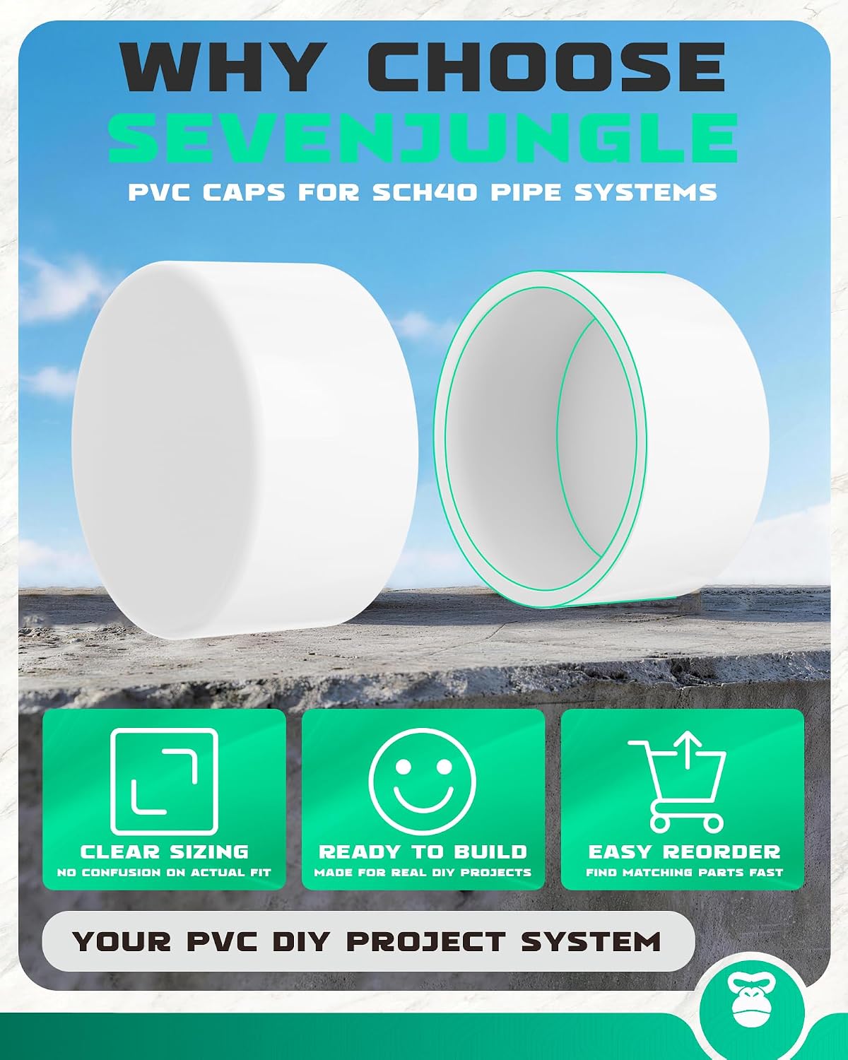 SCH40 PVC Cap 2 Inch, Fits Standard 2" SCH 40 PVC Pipe with 2.375" OD, White Furniture Grade PVC Pipe End Caps for Clean Secure Pipe End Closure, DIY Furniture, Garden, Plumbing, 10 Pcs