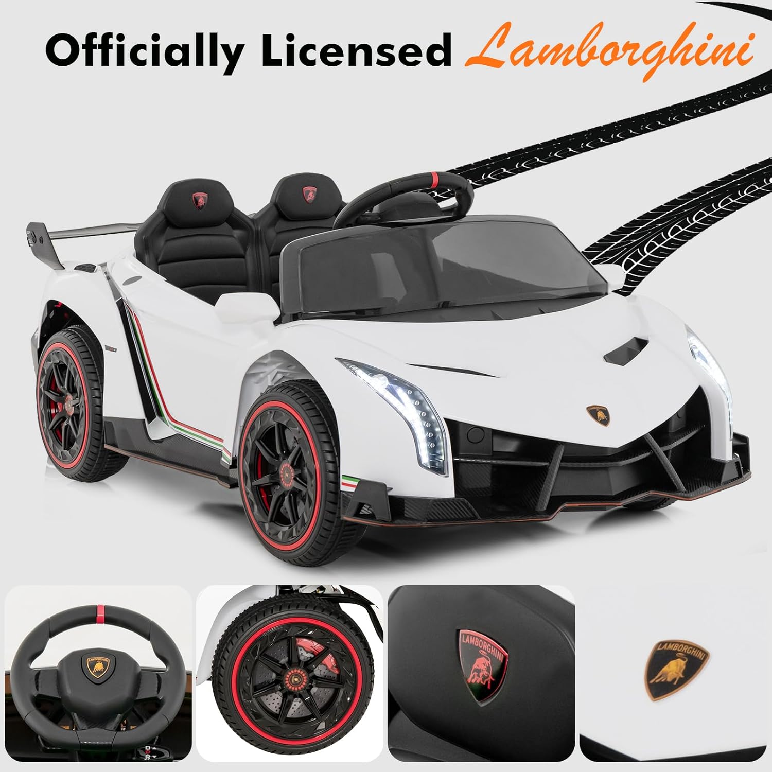 INFANS 2 Seater Kids Ride on Car, 12V 4WD Licensed Lamborghini Veneno Powered Electric Vehicle with Hydraulic Doors, Rocking Mode, Adjustable Speeds, Remote Control, MP3, Headlight (White)