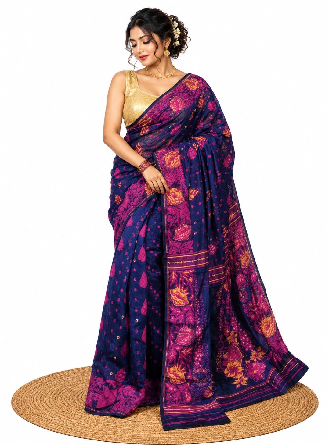 Trendy Handcrafted Jamdani Weave Saree With Elegent Floral Artistry-image-22