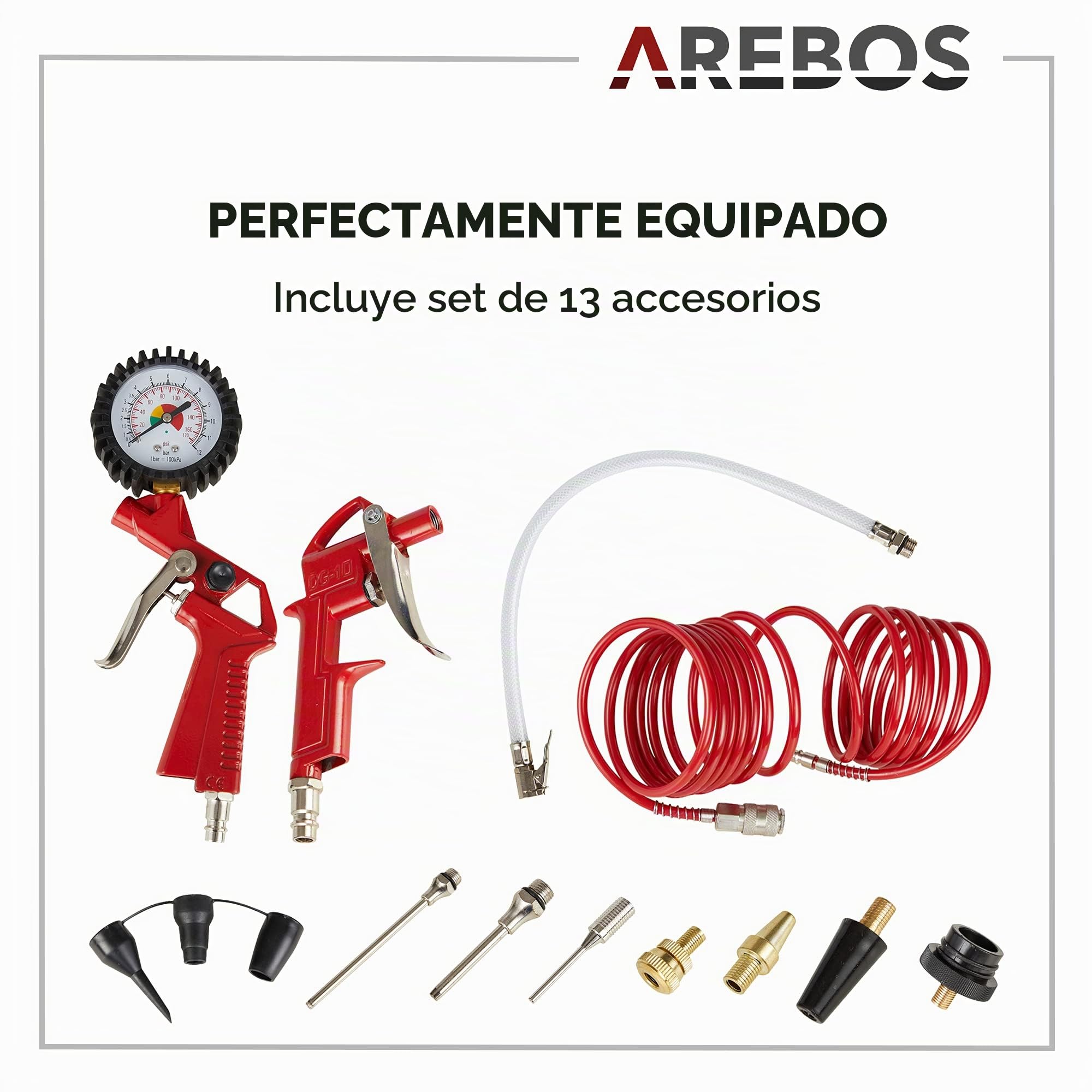 Arebos Compresor de aire comprimido |compresor de aire/compresor aire silencioso | Incluye 13 accesorios | Bajo mantenimiento | Apagado automático | Capacidad: 50 l, 30 l o 6 l (50 litros)