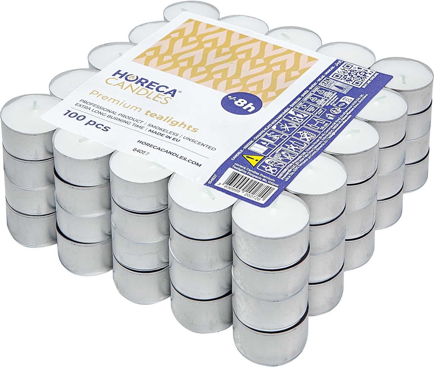 Horeca Candles - podgrzewacze 8 godzin czasu palenia – białe – 100 sztuk – płaskie opakowanie – aluminiowe etui – świece do świętowania, dekoracji, na wesele, do gastronomii, na imprezę – bezzapachowe
