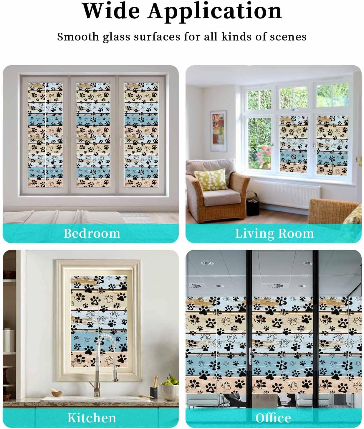 Blue Dog Paw Print Window Privacy Film Decorative Stained Glass Window Film Vintage Farmhouse Country Wooden Grain Static Windows Clings Sticker for Glass Door, 29.5"x78.7" Blackout Windows Cover