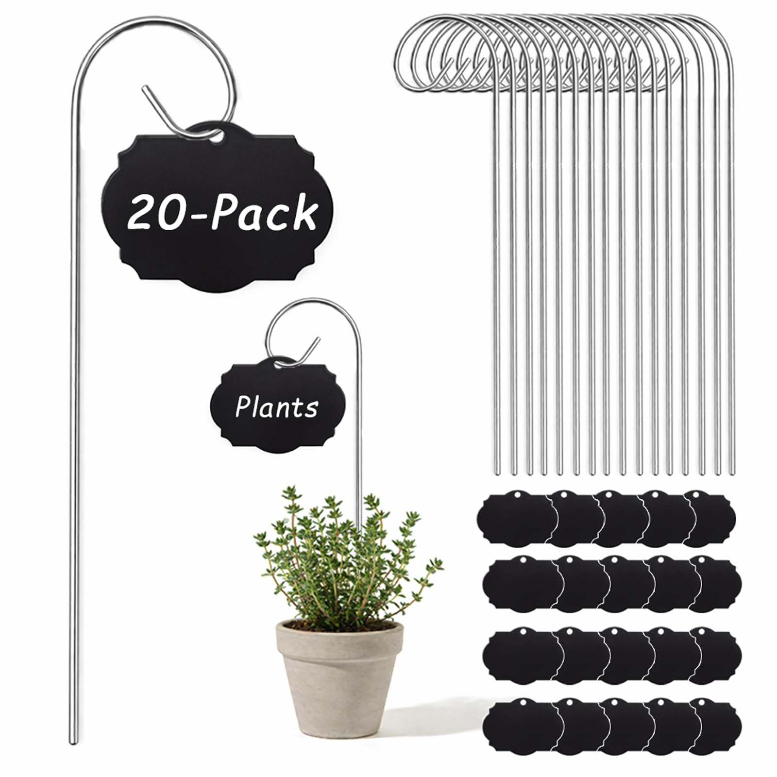 Étiquettes Plantes Jardin – Lot de 20 Marqueurs en Acrylique Noir avec Piquet Métal 20 cm – Réutilisable pour Potager, Fleurs et Herbes – Résistant Intempéries