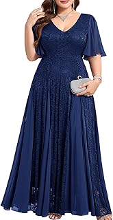Plus Size Formal Lace Dress Maxi V Neck A-line Chiffon Wedding Guest Prom Evening Gown Gala Elegant