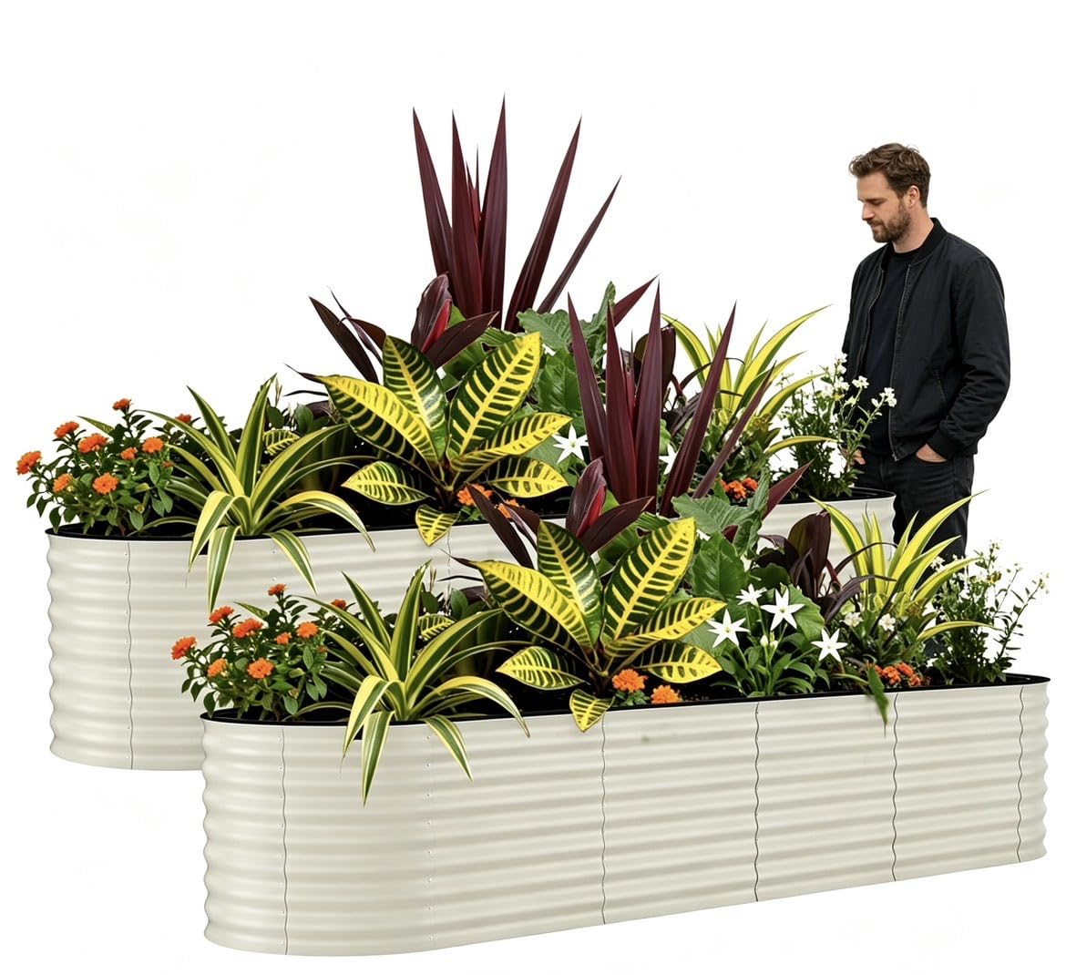 Djioyer 240x60x60CM Galvanized Raised Beds for Garden, 2 Packs Outdoor Metal Raised Planter with Safety Edging, Bottomless, Rust-Resistant Rounded for Vegetables, Flowers, Easy Assembly, Beige