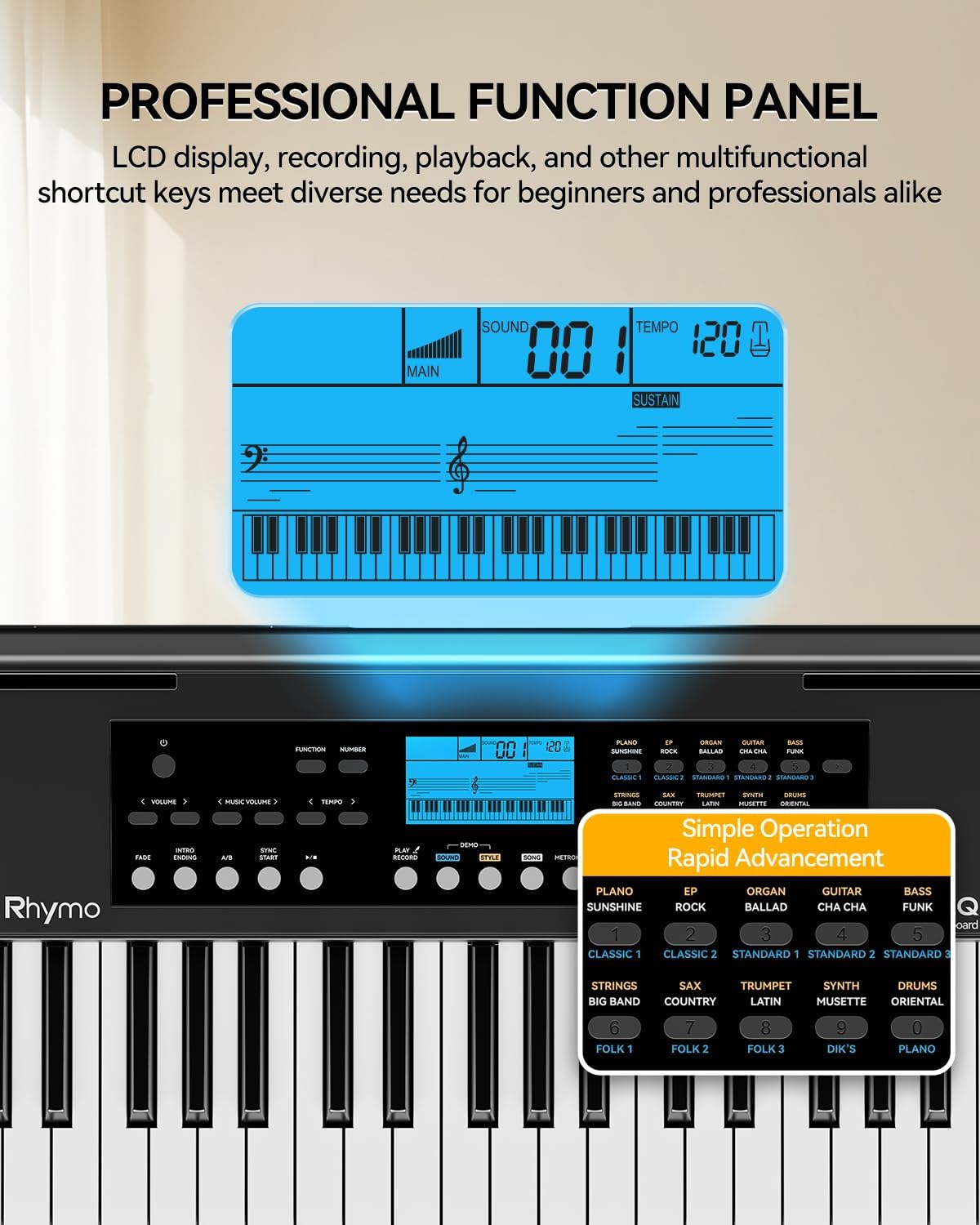 Rhymo 61 Key Electronic Piano Keyboard for Beginners, Touch-Sensitive Full Size Portable Keyboard Piano with LCD Screen, Music Stand, Power Adapter, Headphones, Birthday Gifts (Black)