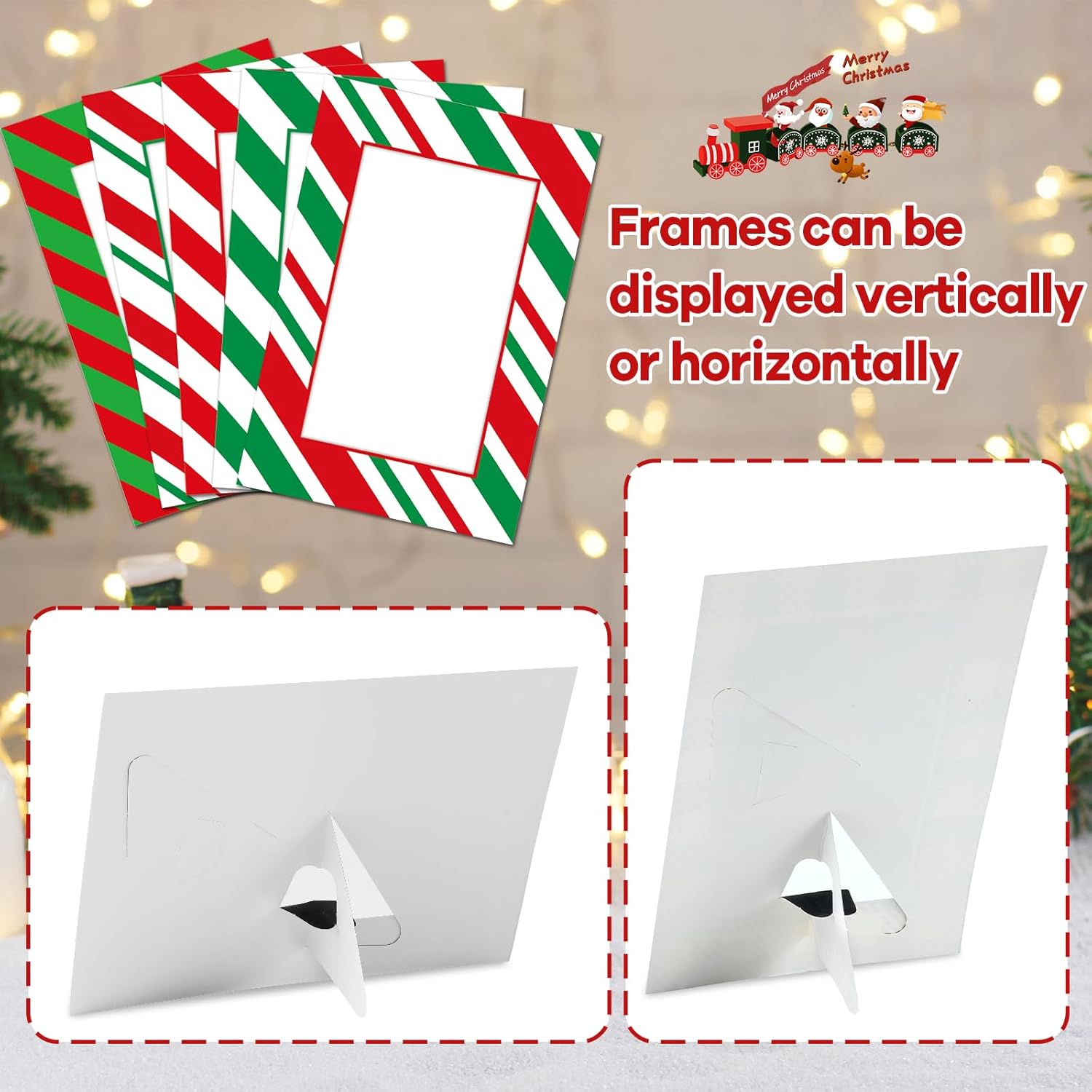 Lonfliness 150PCS Christmas Picture Frame Christmas Stripe Paper Photo Frames Xmas Cardboard Frames with Stand DIY Red and Green Photo Crafts Frame Ornament for Christmas Gift Hanging Decor